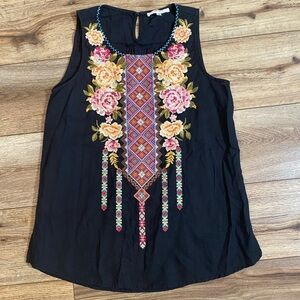 Andree black sleeveless linen blend top with Mexican Oaxacan embroidery